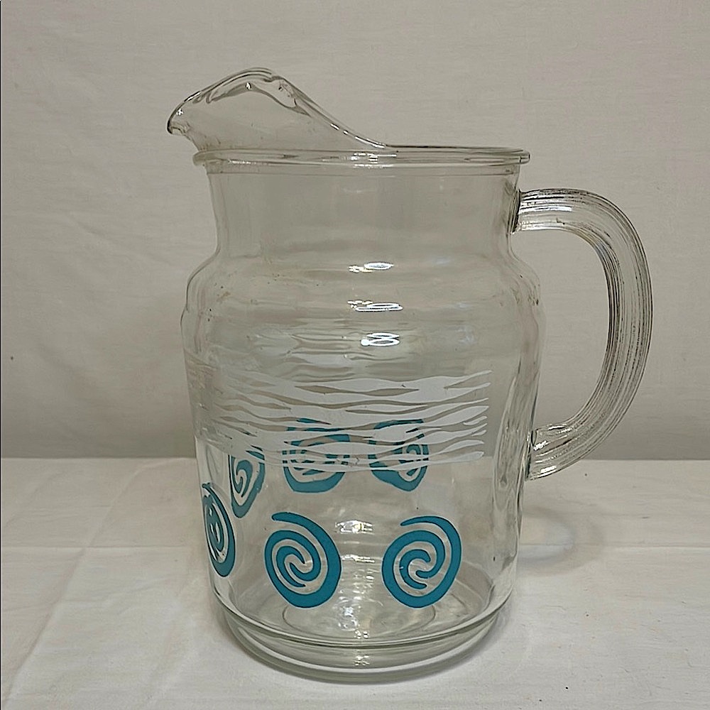 Vintage 1950s HAZEL ATLAS Glass Pitcher with Blue Swirl Design